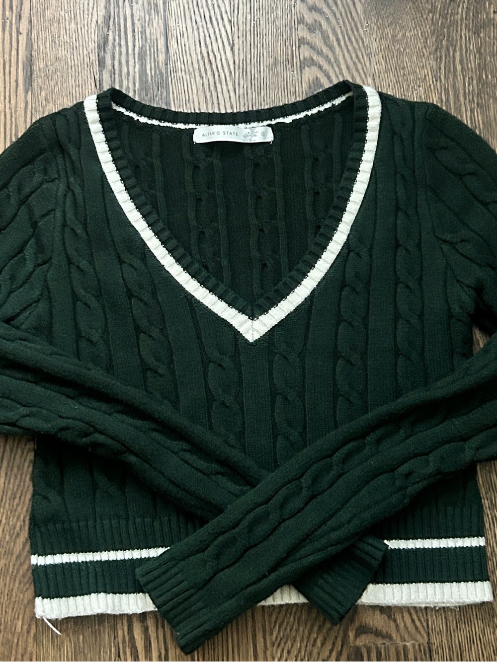 Altar'd State Forest Green Cropped V-Neck Cable Knit Sweater with White Trim